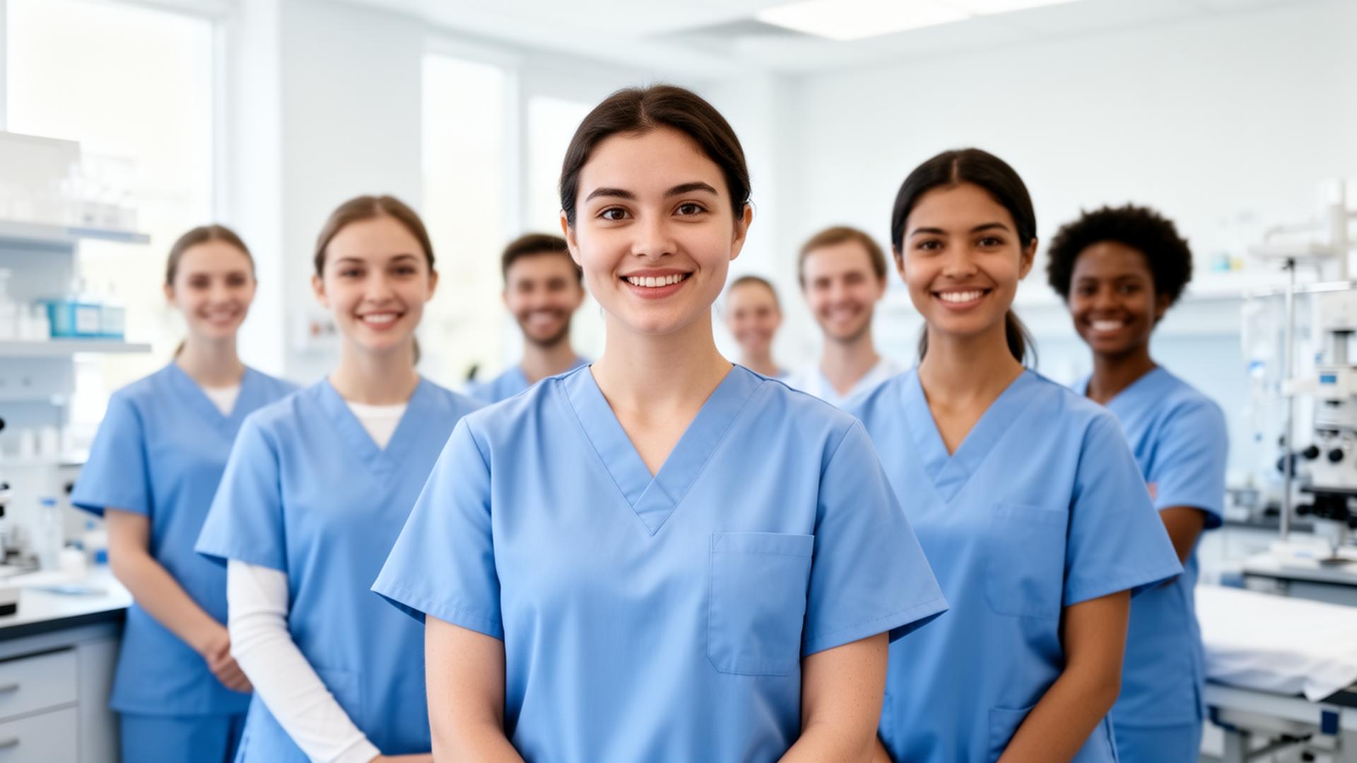 Diverse group of healthcare students in a modern training lab